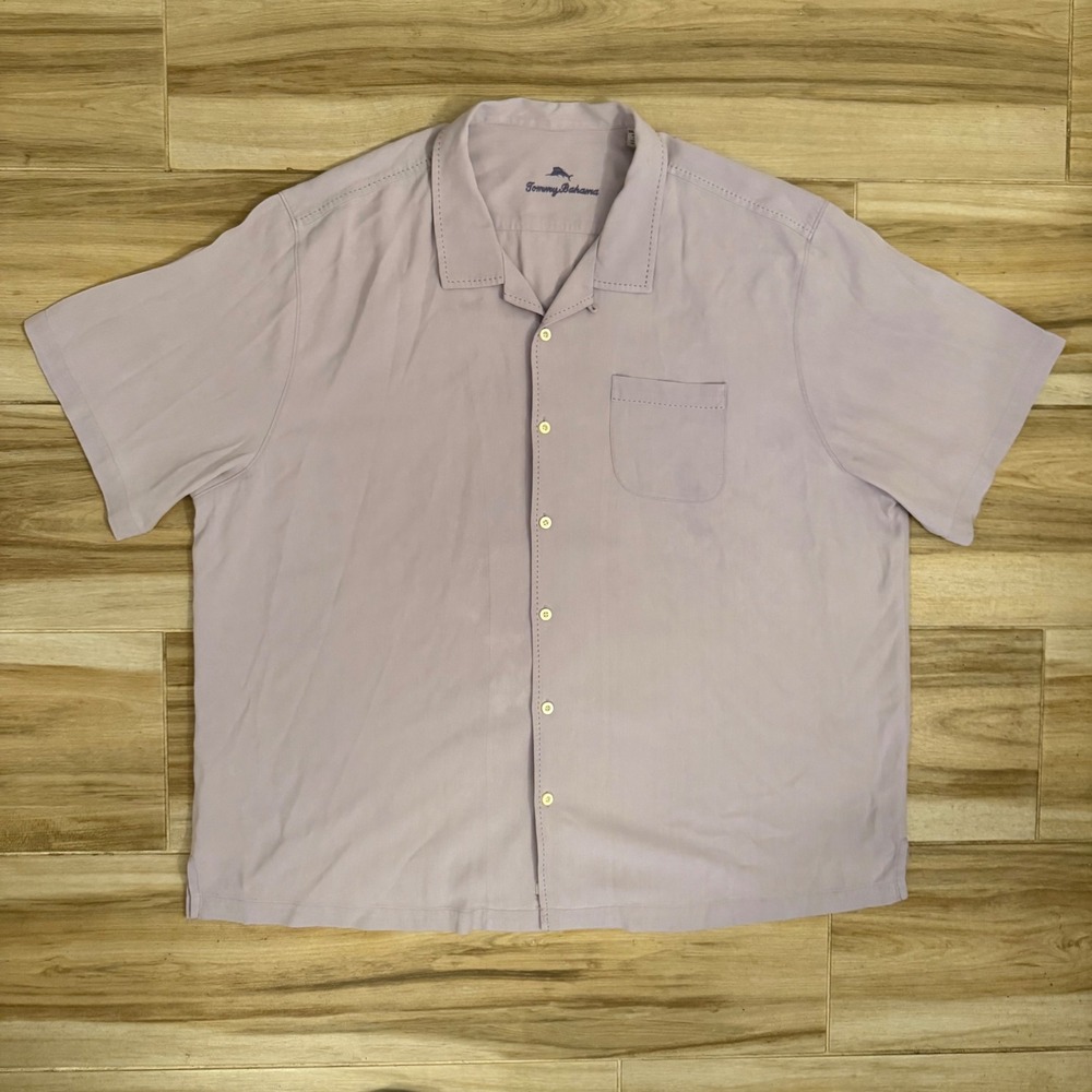 Tommy Bahama Mens 3XLB Silk Button Up Shirt Lavender Purple Short‎ Sleeve Camp